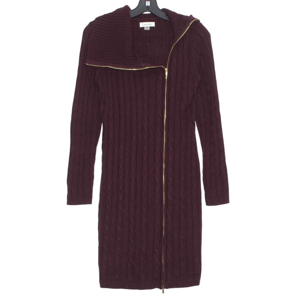 Calvin Klein Sweater Dress Cable Knit Burgundy Zip Up Dark Academia Old Money S